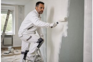 Schilder in witte werkkleding rolt een muur wit vanaf een trapje