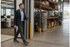 Kantoormedewerker met veiligheidssneakers loopt van kantoor naar het magazijn