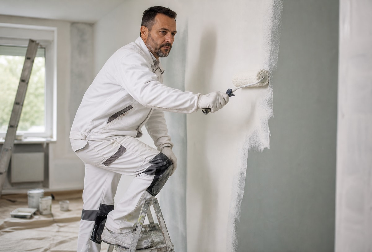 Schilder in witte werkkleding rolt een muur wit vanaf een trapje