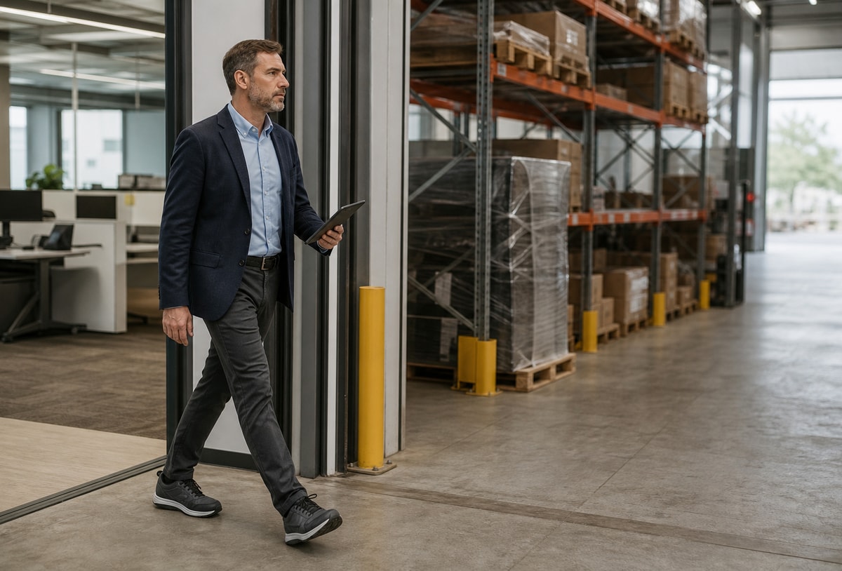Kantoormedewerker met veiligheidssneakers loopt van kantoor naar het magazijn