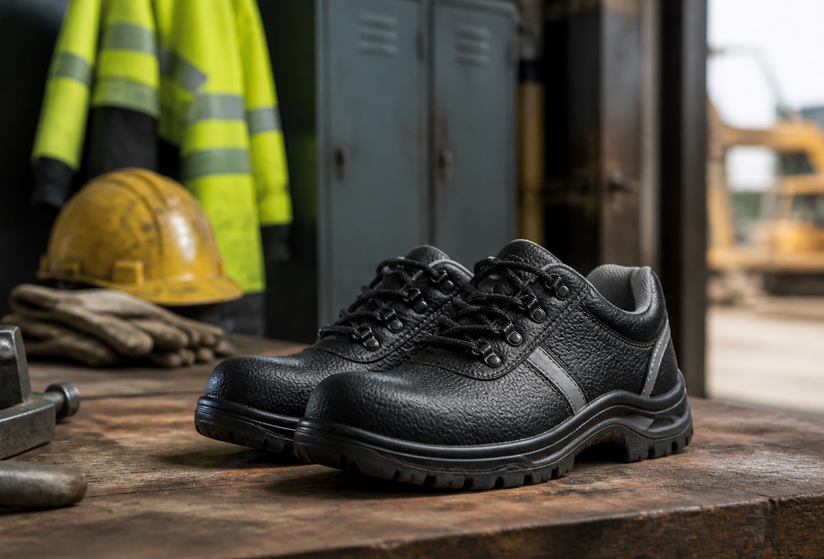 Zwarte veiligheidsschoenen op een werkbank met helm, handschoenen en signaaljas